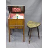 VINTAGE SEWING BOX & CONTENTS and three legged stool with 'Coat of Arms' carved detail