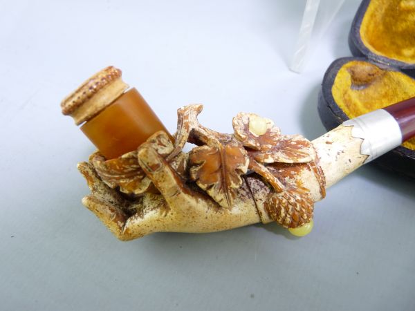 CASED MEERSCHAUM PIPE carved in the form of a hand holding an oak leaf branch with amber mouthpiece, - Image 2 of 3