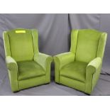 TWO VINTAGE UPHOLSTERED WINGBACK ROCKING ARMCHAIRS, 100cms H, 70cms W, 53cms seat D