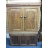 CIRCA 1820 OAK PRESS CUPBOARD, peg joined construction with shaped panel upper doors and panel sides