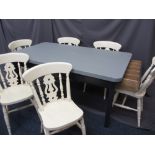 PAINTED FARMHOUSE TABLE with end drawers, 76cms H, 168cms L, 92cms W and a set of six pierced