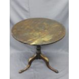 ANTIQUE MAHOGANY TILT TOP TRIPOD TABLE on a turned column base, 73cms H, 77cms diameter top