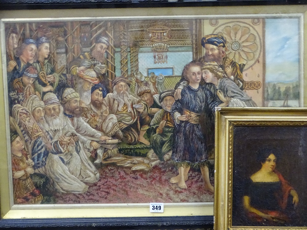 UNUSUAL & INTERESTING TAPESTRY DIORAMA interior scene with 16 figures, 40 x 66cms and possibly