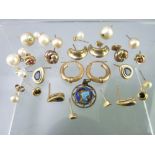 9CT GOLD, YELLOW METAL & SIMULATED PEARL EARRINGS, thirteen pairs, and a small white metal and