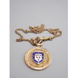 FINE LINK 9CT GOLD FOB CHAIN with 29mm Diameter circular fob having an enamel coat of arms type