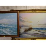 T GAILEY oil on canvas - breaking waves with seagulls overhead, signed, 50 x 60cms and an unsigned