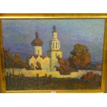 RUSSIAN IMPRESSIONIST SCHOOL oil on canvas - Russian white painted cathedral under a blue/purple