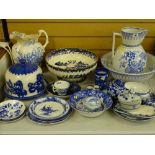 BLUE & WHITE HOUSEHOLD POTTERY, a good selection to include cheese dome and cover, a large ribbed