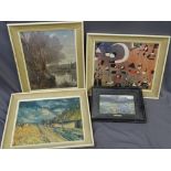 FRAMED ABSTRACT PRINT, 42 x 52cms, two landscape prints and a framed print 'June in Tyrol' after J