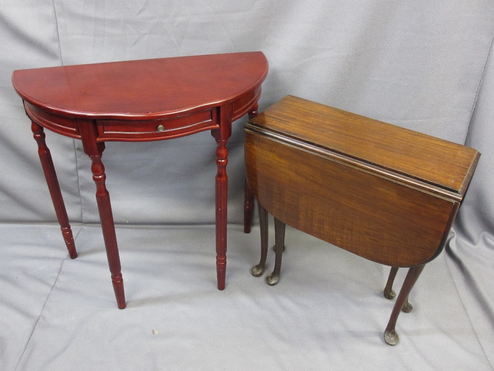 NEAT MAHOGANY SUTHERLAND TABLE and a reproduction mahogany single drawer hall table, 62cms H, 59.