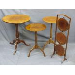 THREE VINTAGE MAHOGANY WINE TABLES, circular top with tripod bases and a three tier folding cake