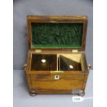 VICTORIAN ROSEWOOD & MOTHER OF PEARL INLAID TEA CADDY, sarcophagus form with turned ring handles and