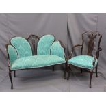 EDWARDIAN MAHOGANY SALON SETTEE, 123cms W and a similarly styled armchair