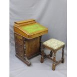 VICTORIAN MAHOGANY DAVENPORT with a reproduction oak stool, lidded stationery top and tooled green
