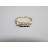 18CT GOLD FIVE STONE DIAMOND SET RING size O, 2.8grms