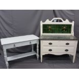 VINTAGE PAINTED BEDROOM FURNITURE including a marble top tile back chest and a two drawer wash stand