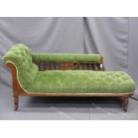 EDWARDIAN MAHOGANY BUTTON UPHOLSTERED CHAISE LONGUE, 80cms H, 166cms L, 70cms D