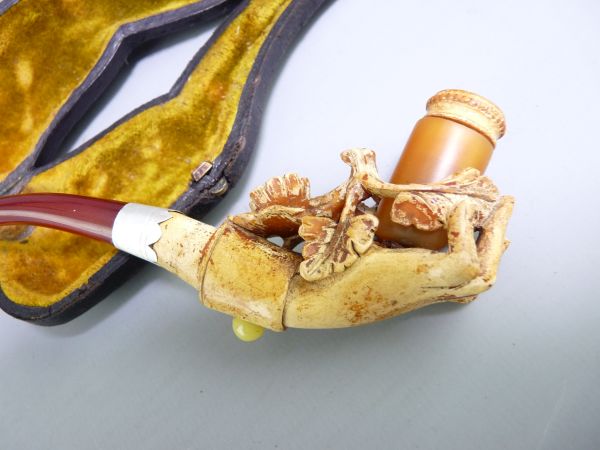 CASED MEERSCHAUM PIPE carved in the form of a hand holding an oak leaf branch with amber mouthpiece, - Image 3 of 3