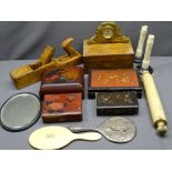 QUANTITY OF WOODEN BOXES, a pair of Japanese Meiji period ivory candlesticks (damaged) and a