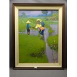 SUJARIT HIRANKUL oil on canvas - native working figures in paddy fields, Siam, signed and dated