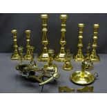 ANTIQUE & LATER BRASSWARE, a collection including a sextant type instrument, candlesticks and