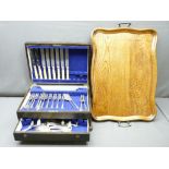 CUTLERY BOX with base drawer and cutlery contents and a vintage oak tray