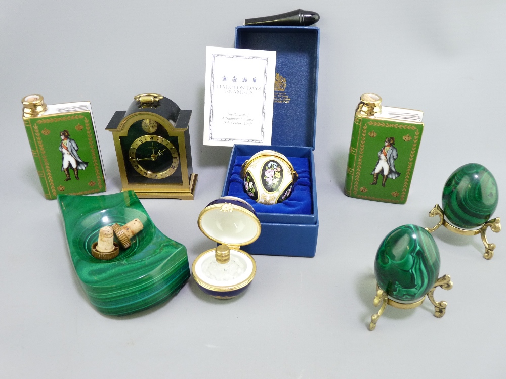 DECORATIVE ORNAMENTAL WARE, a collection to include malachite desk items, a modern black enamelled