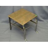 COPPER TOPPED FOOTMAN with steel supports and Oriental etching, 34cms H, 36cms square top