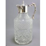 SILVER MOUNTED GLASS CLARET JUG, London 1967, makers Monogram H B, grapevine handle with reclining