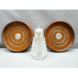 SILVER TOPPED GLASS SUGAR SIFTER and a pair of silver mounted wooden coasters, Chester and London