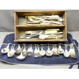 KINGS PATTERN CUTLERY by Walker and Hall, wooden cutlery box with mixed cutlery contents