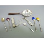 SMALL SILVER - a quantity including four colourful enamel backed silver gilt coffee spoons, a tea