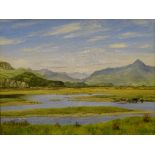 ARTHUR DALRYMPLE oil on board - titled 'Snowdonia and the Glaslyn Estuary from the Cob, Porthmadog',