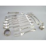 MIXED HALLMARKED SILVER FLATWARE, ten pieces, a silver sifter lid and a napkin ring, various