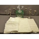 VINTAGE TABLE LINEN, Galway Irish Crystal boxed candelabra and an electroplate candelabra