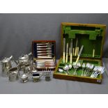 WOODEN CUTLERY BOX with quantity of loose cutlery, wooden cased fish knives and forks and a quantity