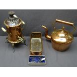 VICTORIAN COPPER KETTLE with acorn lid knop, a vintage copper and brass samovar on fancy feet, seven