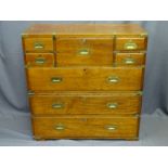 19TH CENTURY MAHOGANY CAMPAIGN SECRETAIRE CHEST, two piece, the upper section having drop-down