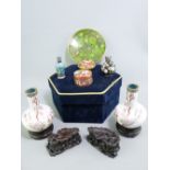 20TH CENTURY CLOISONNE ENAMELS, a collection, with two Chinese carved hardwood stands with a blue