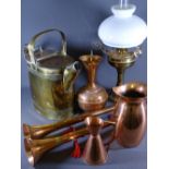 VINTAGE & LATER COPPER & BRASSWARE including two long coaching type horns, a brass water/milk can,