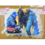 LYNNE FORDHAM unframed mixed media on cardboard box - young people gathered, entitled 'Focus',
