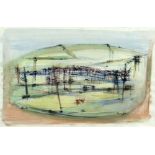 ROBERT HUNTER (1920-1996) ink and watercolour - landscape with trees, entitled 'Floods', signed,