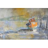 JOANNE JONES oil on board - boat in water, entitled 'Poppit', signed, 21 x 31cms