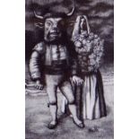 JOHN ROBERTS (1923-2003) lithographic print - man with bull's head and bride, entitled 'Novia Del