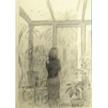 HARRY HOLLAND (b.1941) unframed pencil drawing - woman and child in conservatory, signed, 28 x 20cms