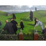 UNKNOWN oil on canvas - men in black with white sticks, entitled 'Shadows of the Blind', dated