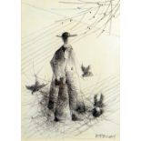 MALCOLM QUANTRILL (1931-2009) ink drawing - robed man with birds, entitled 'Liturgical Birdsong: