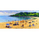 THOMAS HASKETT unframed oil on board - busy beach with mountains behind, entitled 'Hot Summer Day,