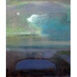 PETER JONES oil on canvas - landscape with moon, entitled 'Satellite of Love', signed, 60 x 50cms