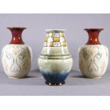 ROYAL DOULTON - stoneware vase, initialled 'B N', 20cms tall and a pair of waisted neck Doulton